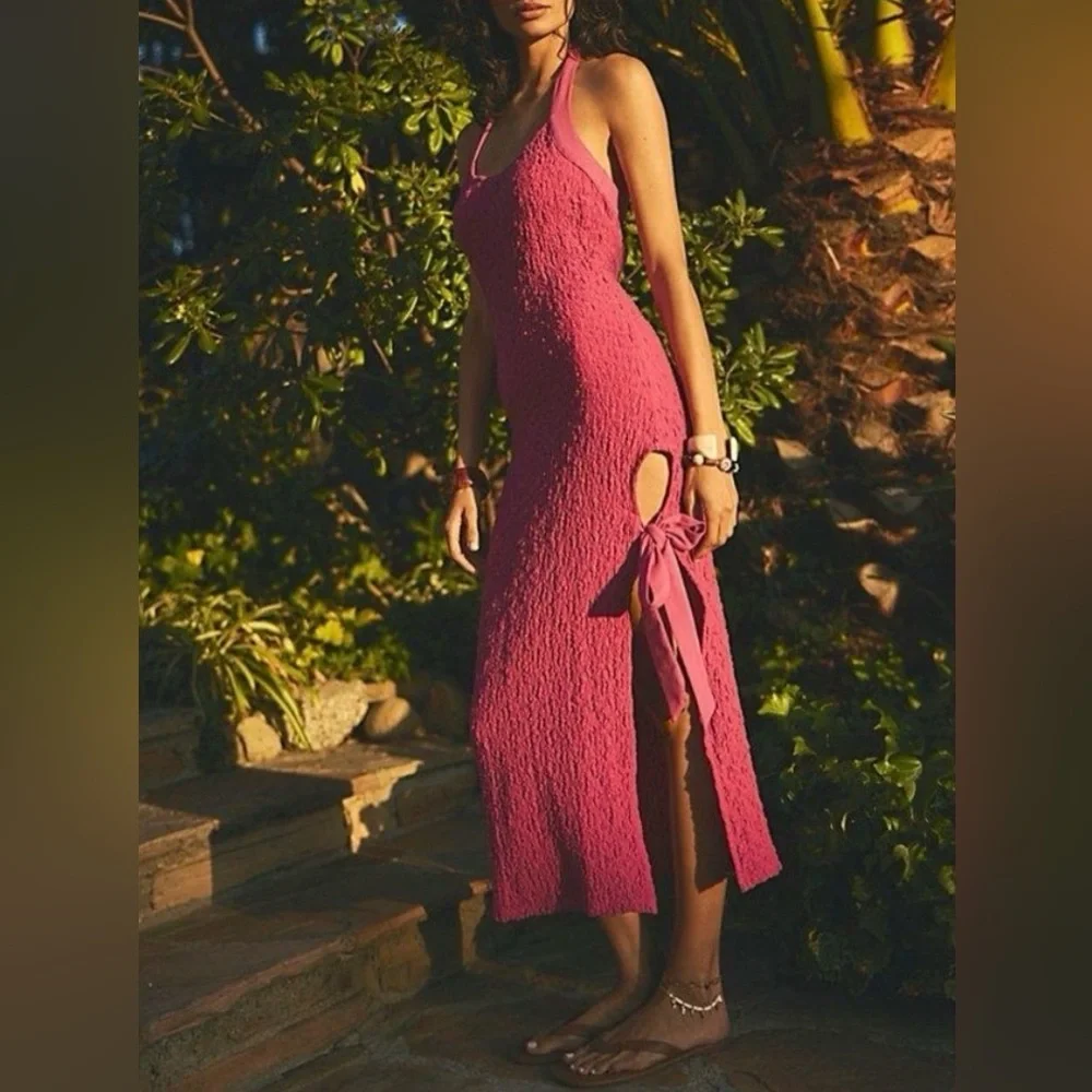 NWOT Free People Sea Foam textured midi dress bodycon tie neck and side slit